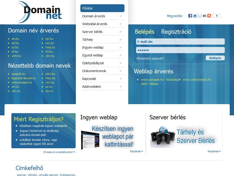 Domain-Net.hu - Domain és Weboldal árverés, értékesítés és ingyen weblap készítő szoftver